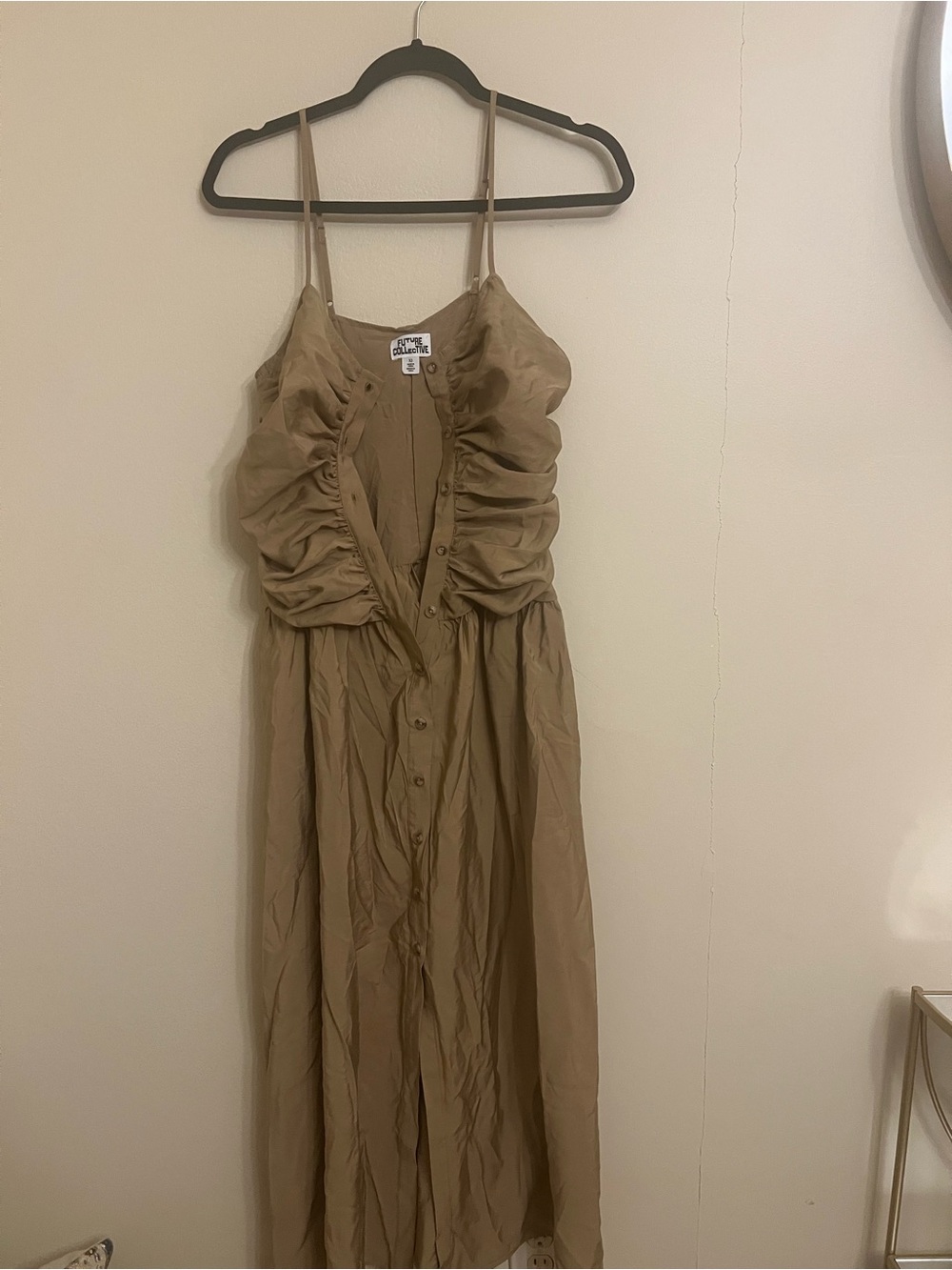 Ruched Spaghetti Strap Midi Dress in Tan
